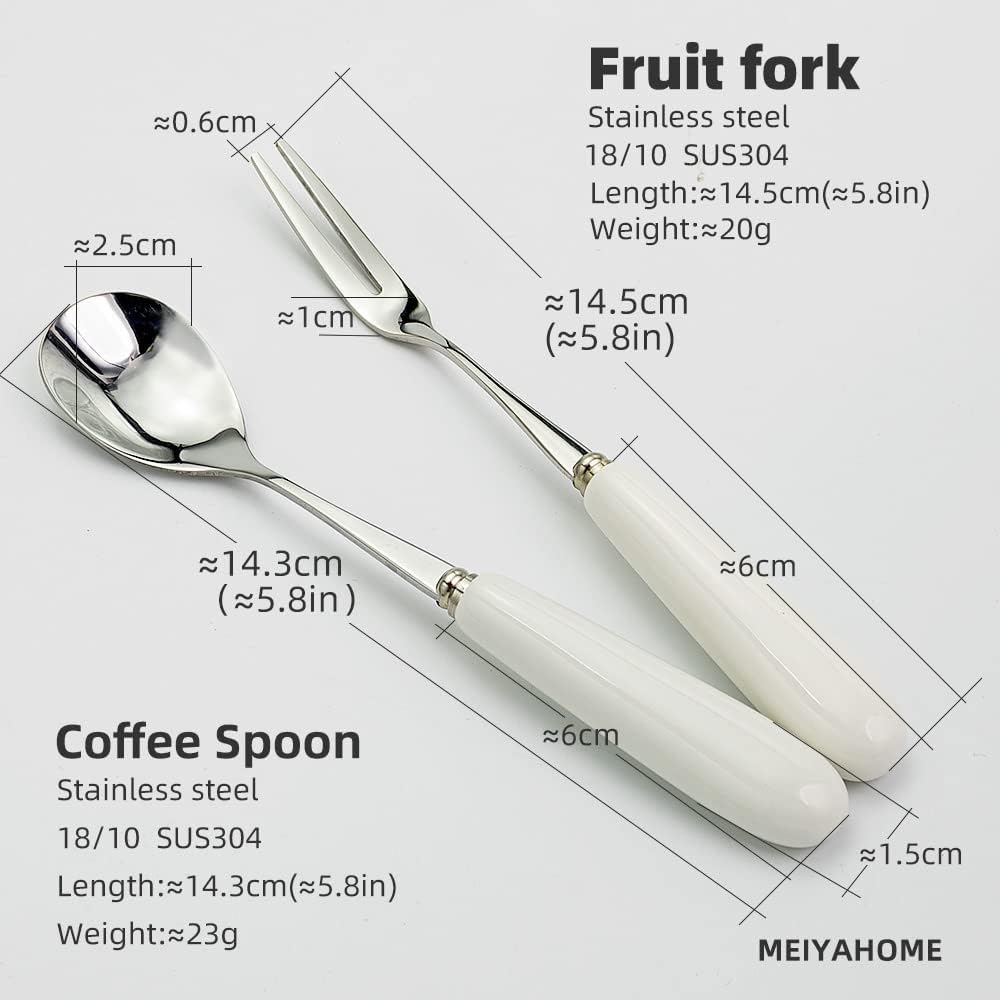 mango de cerámica blanca, 4 cucharas de café y 4 tenedores de frutas, vajilla de té de la tarde, pulido espejo 18-10 cuchillas de acero inoxidable,