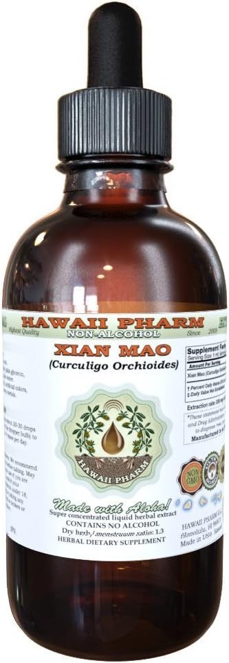 Hawaii Pharm Xian Mao Extracto líquido sin alcohol, Xian Mao, Curculigo (Curculigo Orchioides) Suplemento herbario natural de glicerita de raíz,