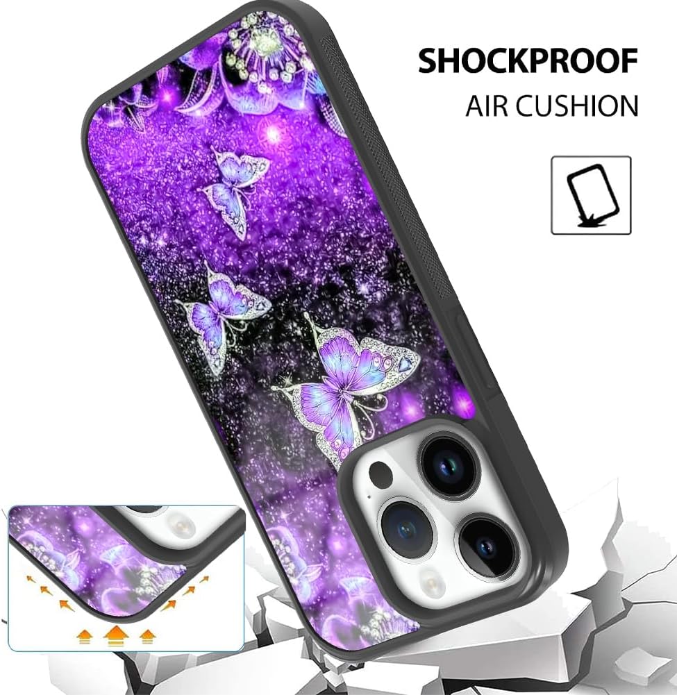OOK Funda magnética para iPhone 15 Pro Max con purpurina morada, diseño espacial de nebulosa de mariposa compatible con MagSafe PC duro + TPU suave