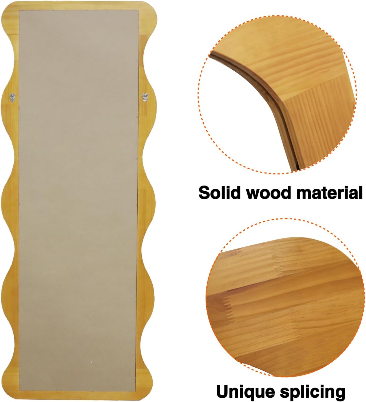 Espejo de longitud completa de 65 x 24 pulgadas, con marco de madera, ondulado, espejo de cuerpo completo, a prueba de roturas, espejo de madera