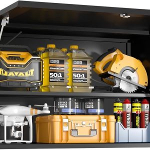 Armario de almacenamiento de pared de metal con puerta abatible, estante ajustable, gabinete de metal colgante de garaje, armarios superiores Armario de almacenamiento de pared de metal con puerta abatible, estante ajustable, gabinete de metal colgante de garaje, armarios superiores