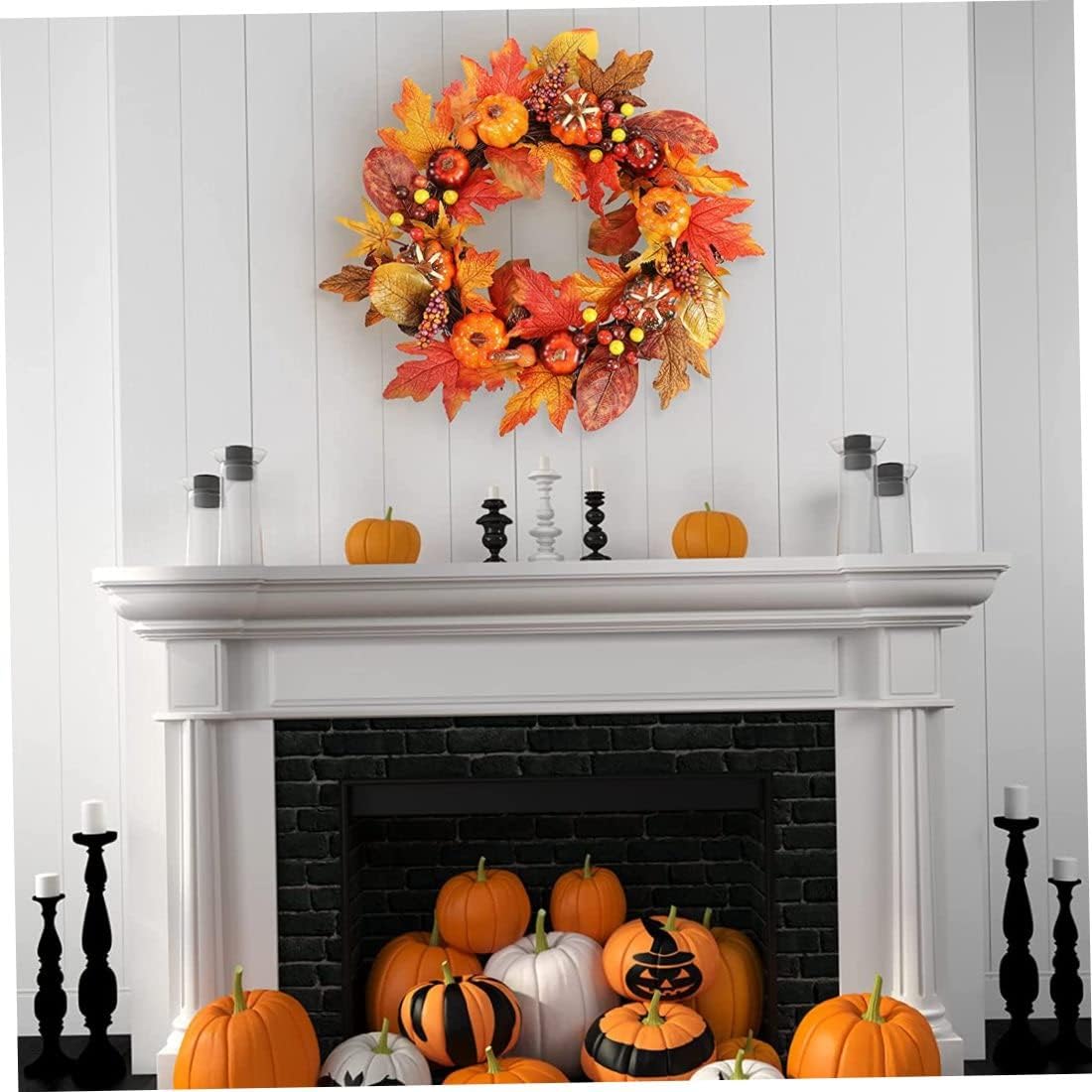 Corona de otoño de Acción de Gracias para puerta delantera, corona de cosecha de otoño con calabaza, hoja de arce, piña, baya para Navidad, otoño,