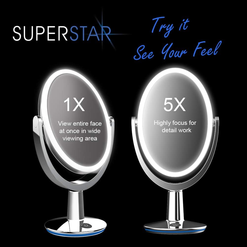 FVLFIL Biomax Superstar – Espejo de maquillaje iluminado de doble cara con forma ovalada, espejo de maquillaje con aumento 1X5X, espejo de brillo