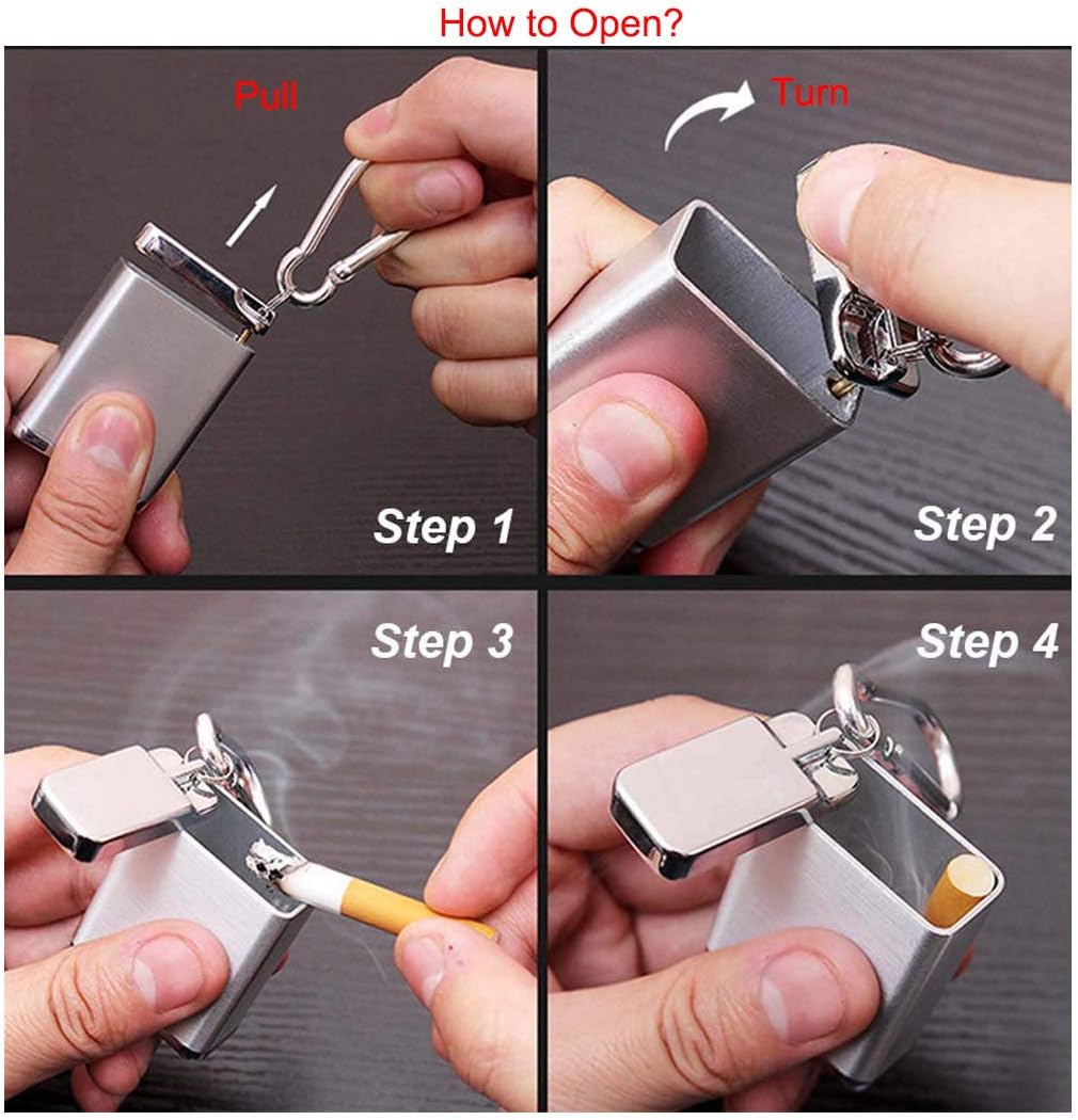 Cenicero portátil de metal, cenicero de cigarrillos al aire libre con tapa, llavero, rectangular, tamaño grande, negro