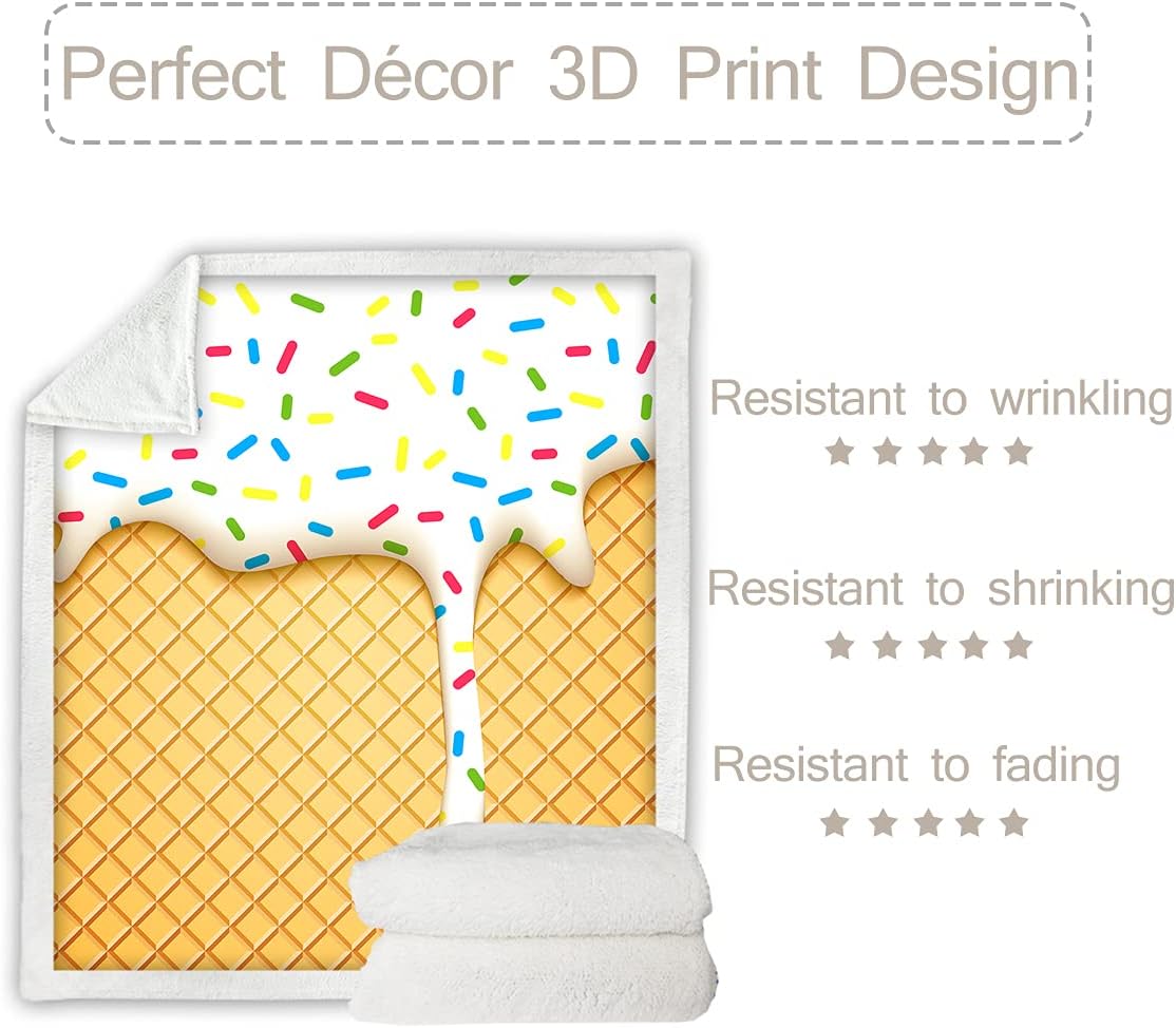 Sleepwish Bonita manta divertida de comida, cono de helado con chispas, manta decorativa ligera de forro polar para sofá, cama, sofá, viajes, manta