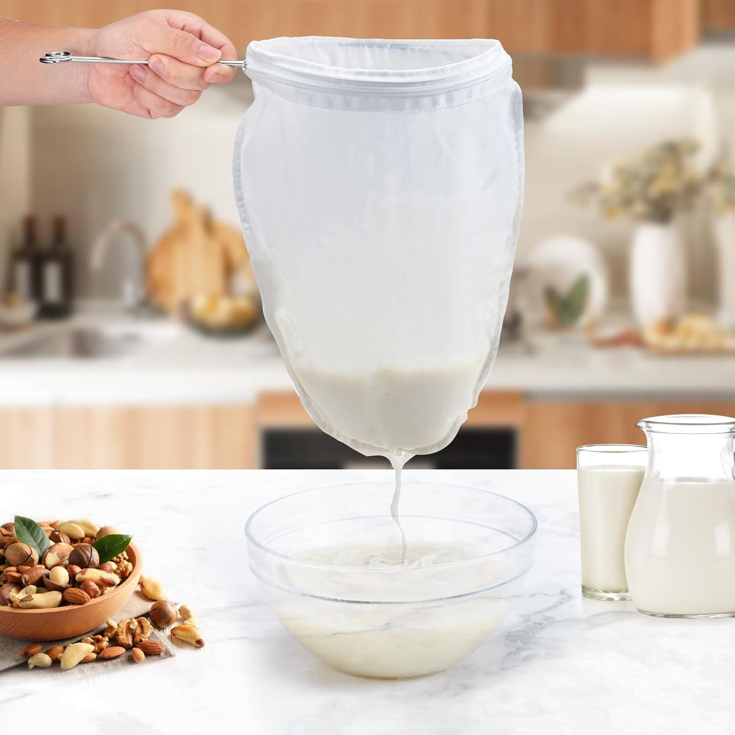 Bolsas coladoras de malla ultrafina, 3 piezas de colador de leche de nuez reutilizable con marco de mango de acero inoxidable, bolsas de filtro de