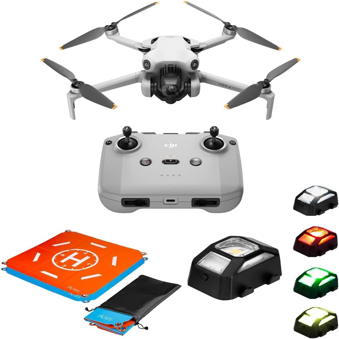 DJI Mini 4 Pro Drone con controlador RC-N2, paquete con sistema de montaje de cordón de garra, almohadilla de aterrizaje y luz estroboscópica