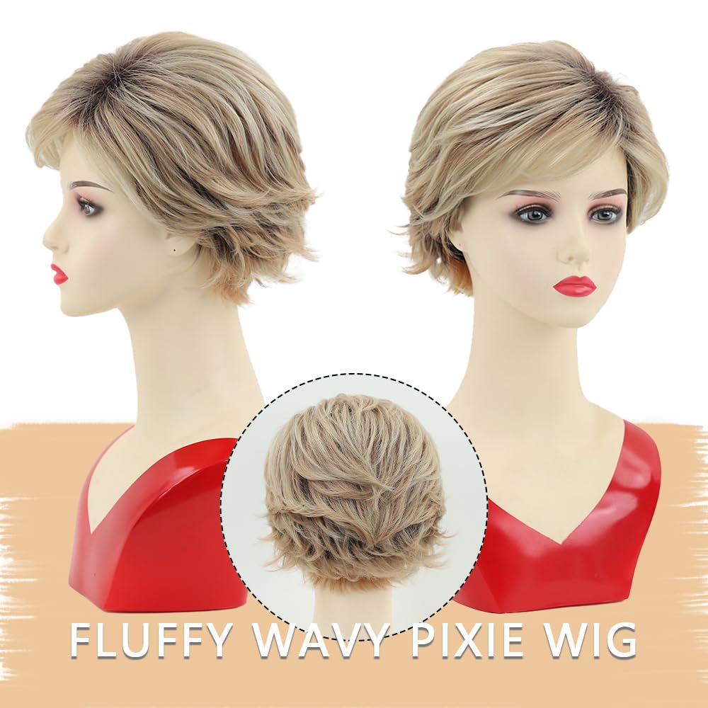 XIUFAXIRUSI XIUFAXIRUSI Pelucas cortas rubias onduladas Pixie para mujeres blancas, peluca corta con flequillo natural, pelucas sintéticas