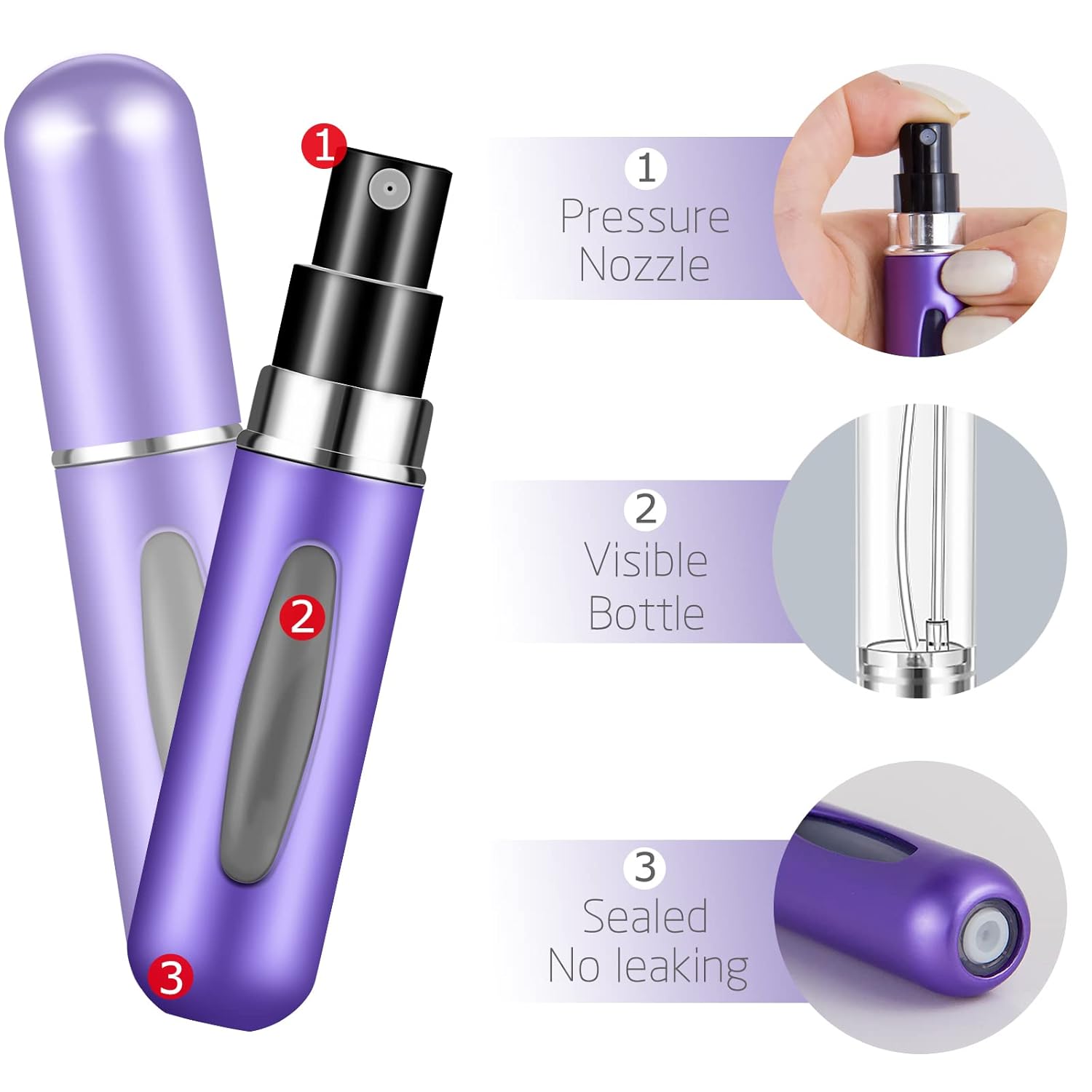 Fivexing 2 botellas de atomizador de perfume recargables, mini botella de perfume separada portátil, cajas de aerosol dispensadoras de viajes y