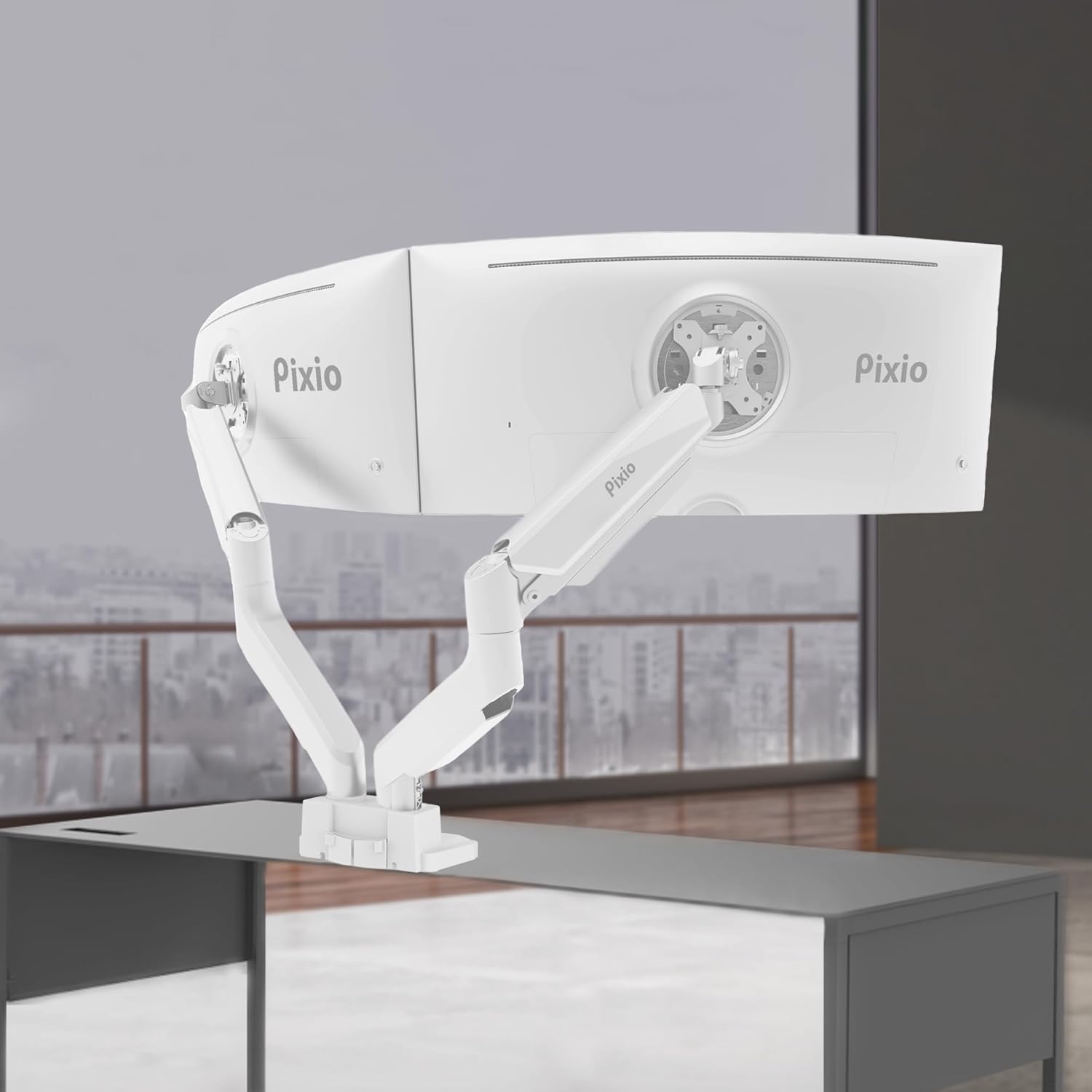 Pixio PS2D – Soporte de escritorio con brazo para monitor doble, color blanco, ultraancho, de alta calidad, se adapta a dos monitores de hasta 35