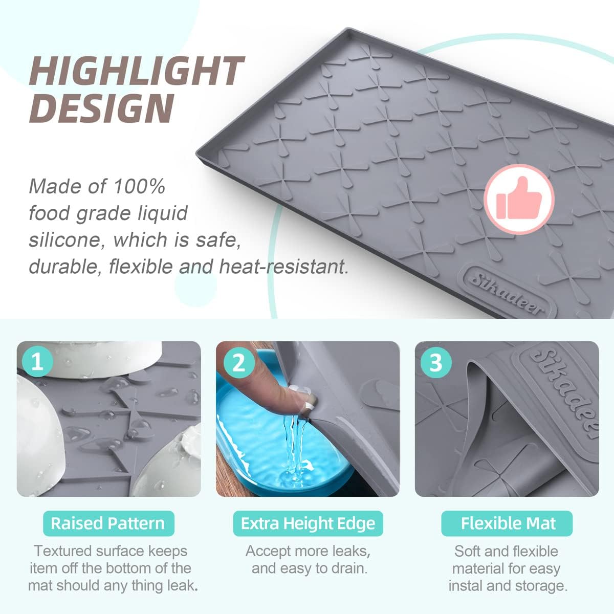 SIKADEER – Tapete para debajo del fregadero, impermeable, 34 x 22 pulgadas, tapete de silicona con borde elevado, se adapta a gabinete estándar de