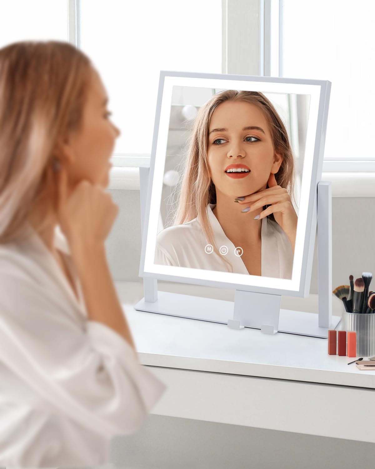 DECLUTTR Espejo de tocador con luces, espejo de maquillaje Hollywood con soporte para teléfono, control táctil inteligente, 3 modos de iluminación