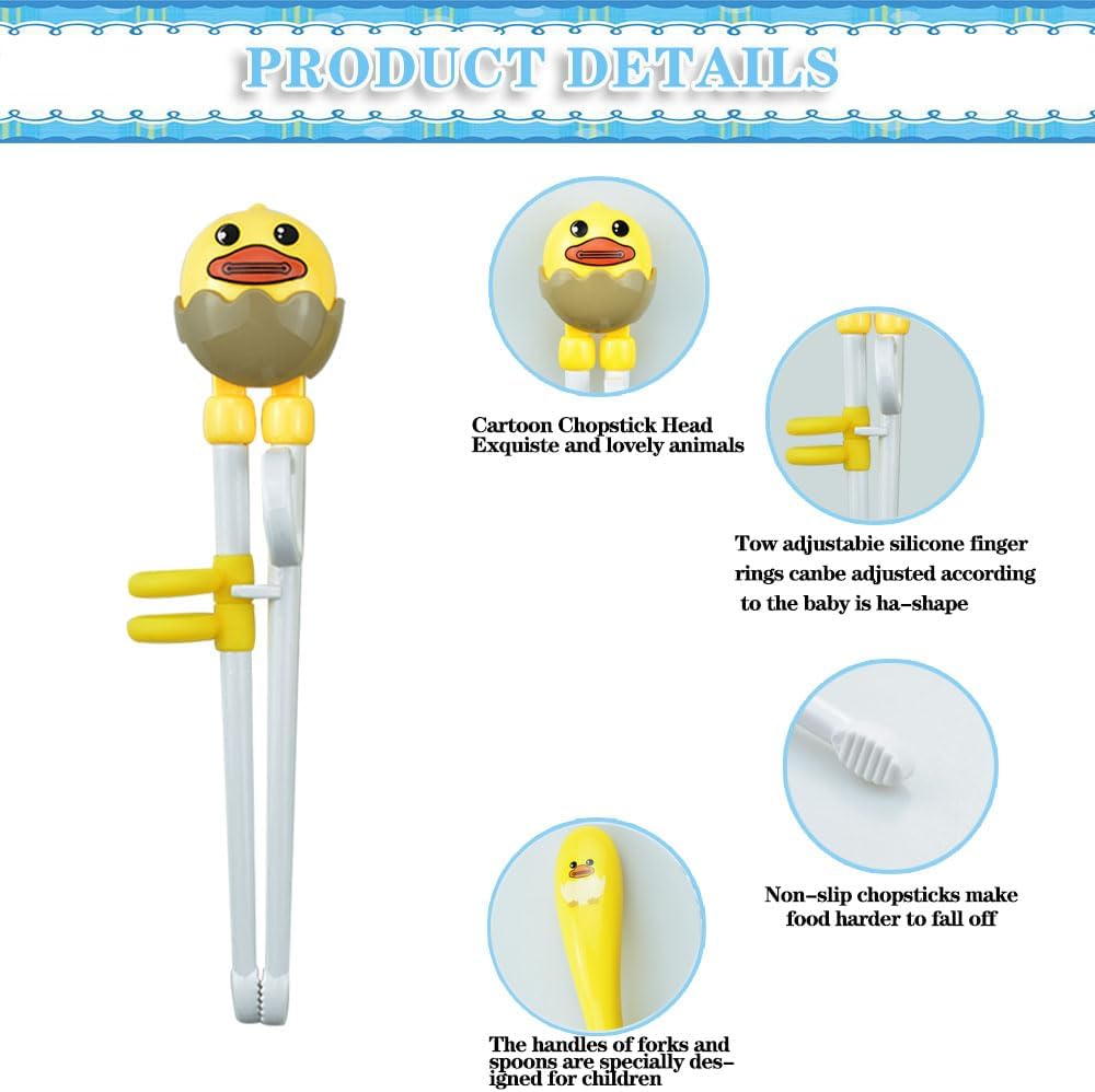 Juego de palillos para niños, juego de palillos de entrenamiento para niños y principiantes, juego de palillos de pato amarillo, cuchara, tenedor y