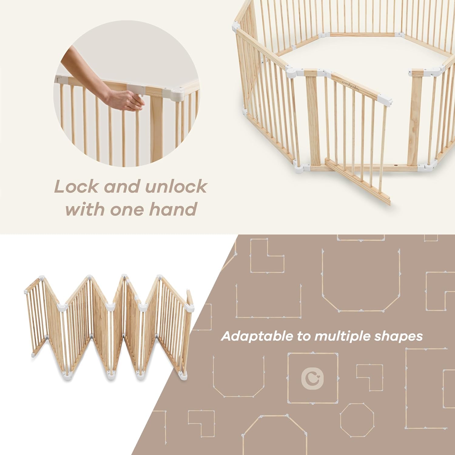 Corralito para bebés y puerta de bebé para niños pequeños y bebés, plegable de madera de forma grande y tamaño ajustable, valla de juego con centro