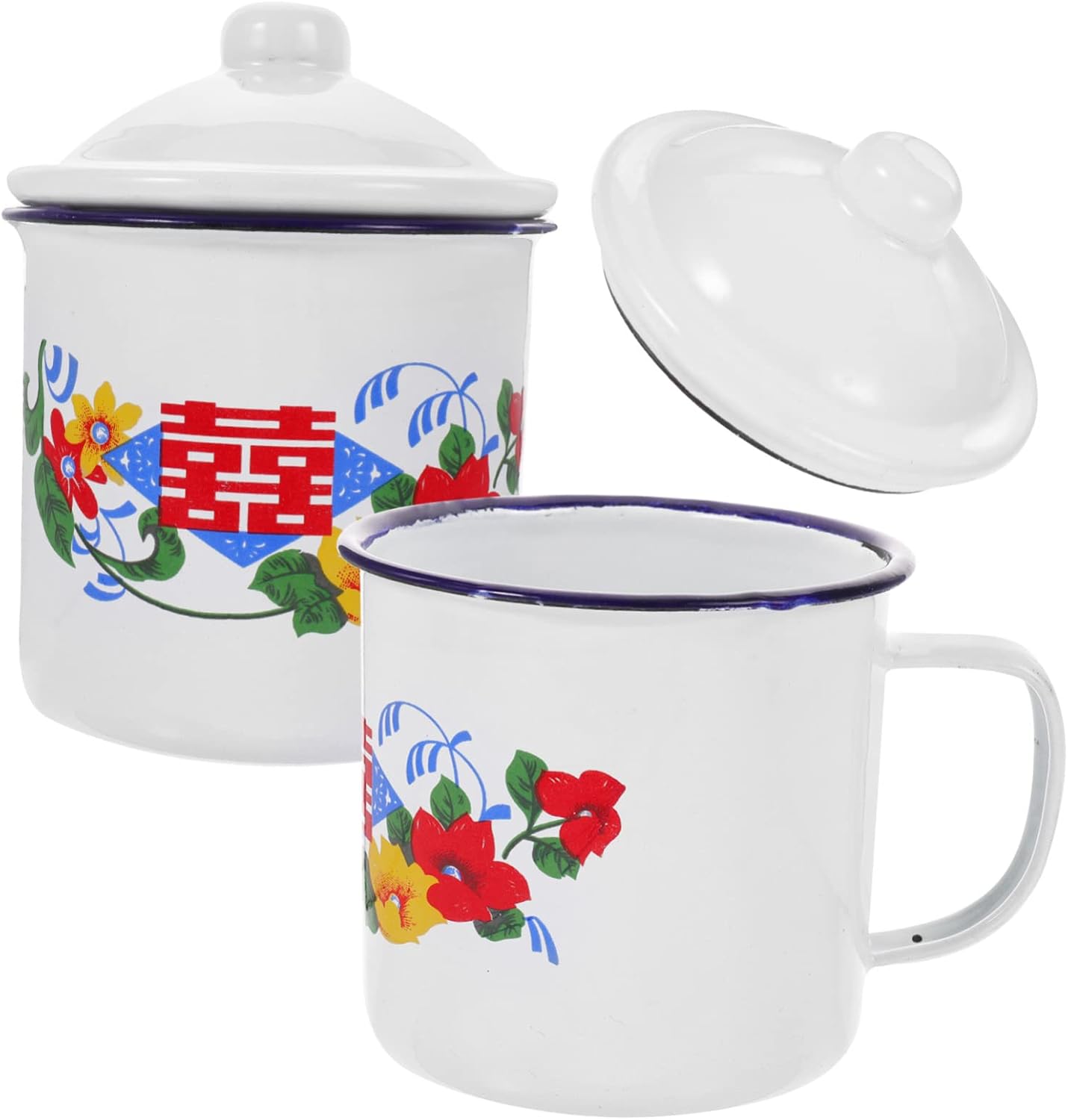 Abaodam 4 uds Taza de esmalte rojo Taza de café para fiesta, tazas de bebida de campamento, taza de té con patrón de flores, taza de esmalte retro,