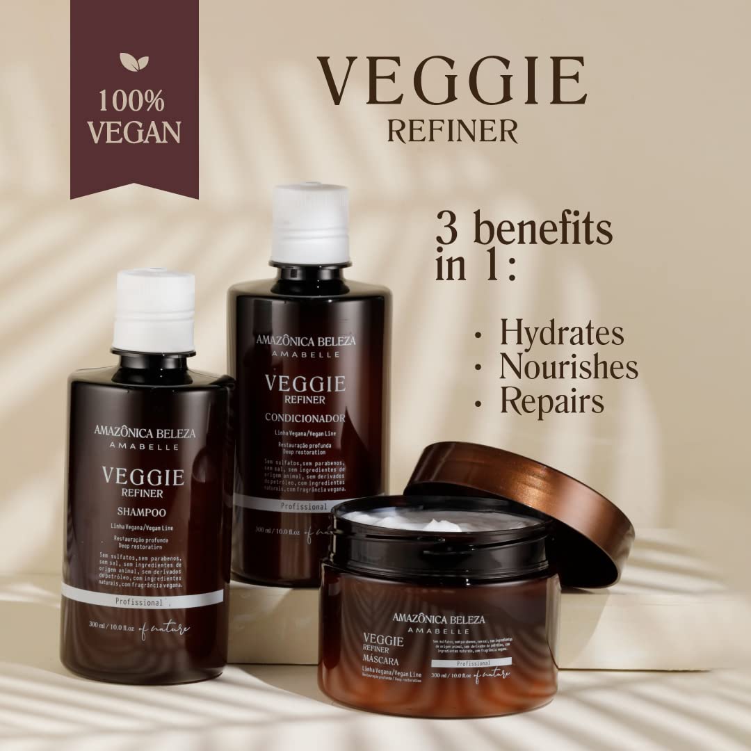 AMAZONICA BELEZA – Kit de refinador de verduras veganas, nutre, hidrata y repara, sin sulfatos, parabenos y crueldad, champú, acondicionador y