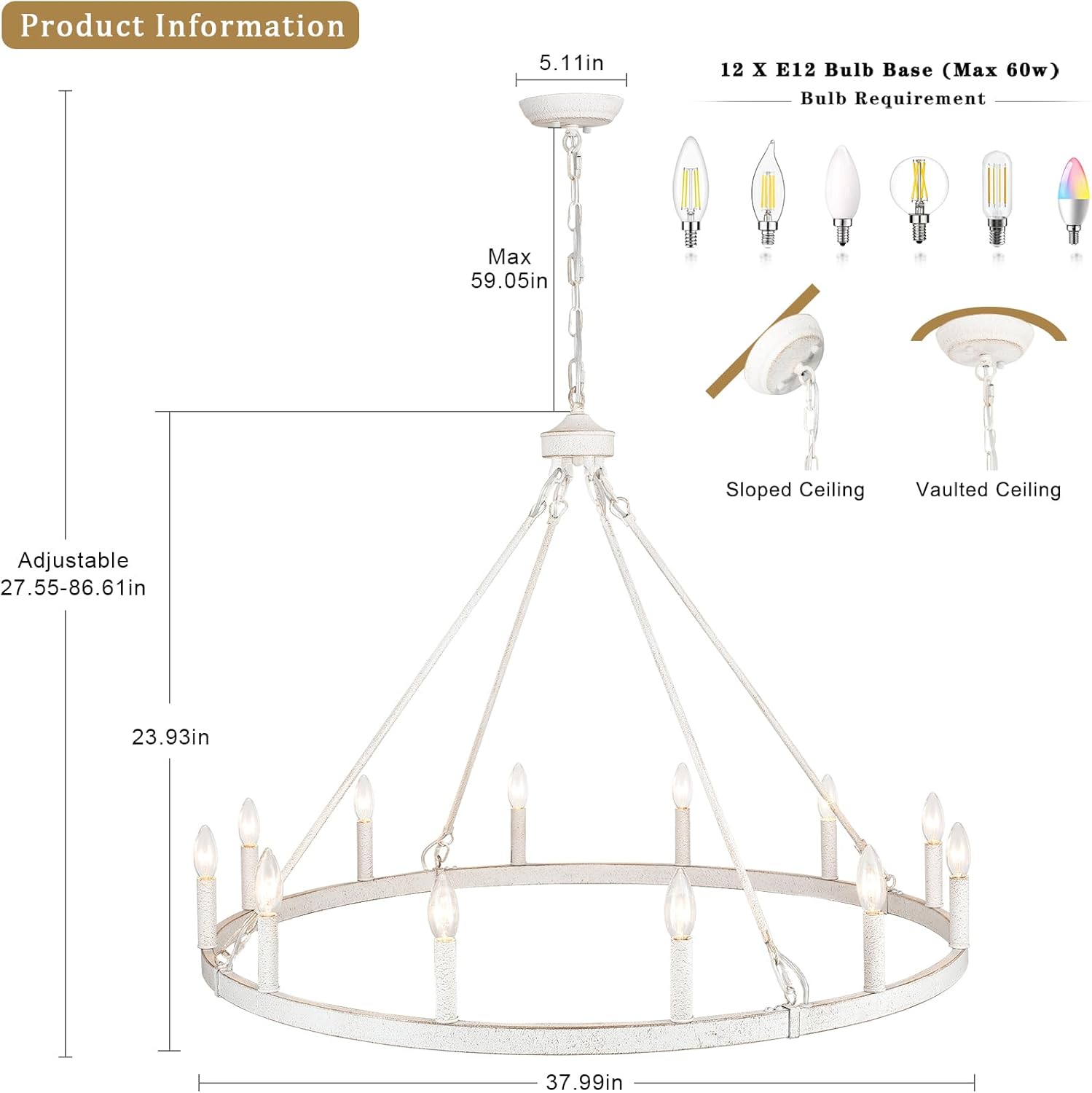Candelabro blanco con 12 luces estilo madera clara, con ruedas de carro, lámpara grande para techos altos, de 38 pulgadas, para casa de campo, al