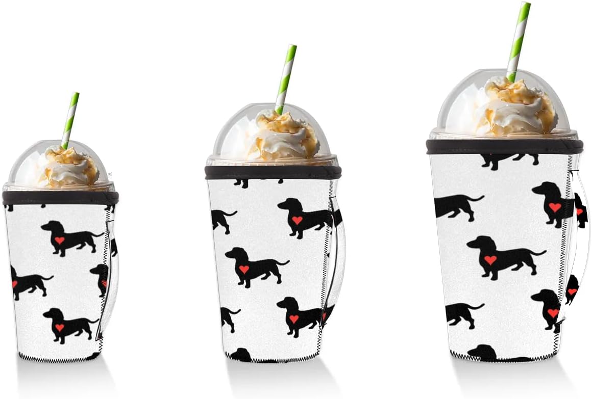 Funda de café helado con asa para perro animal, lindo corazón salchicha, reutilizable, de neopreno, con aislamiento, para bebidas frías, bebidas, 30