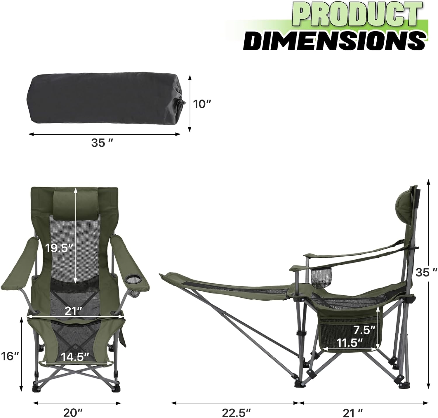 Magshion Silla de camping plegable reclinable con reposapiés para adultos, silla plegable resistente con reposapiés, juego de 2, verde oscuro