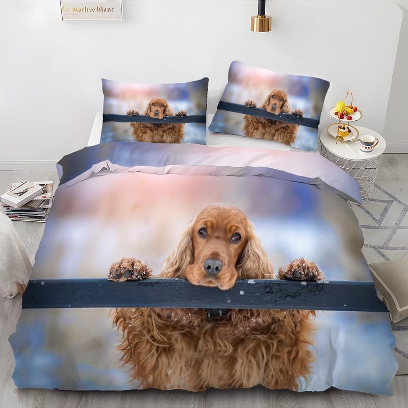 Juego de funda de edredón con estampado de perro y cocker spaniel azul, funda de edredón de microfibra suave y 2 fundas de almohada de 20 x 26