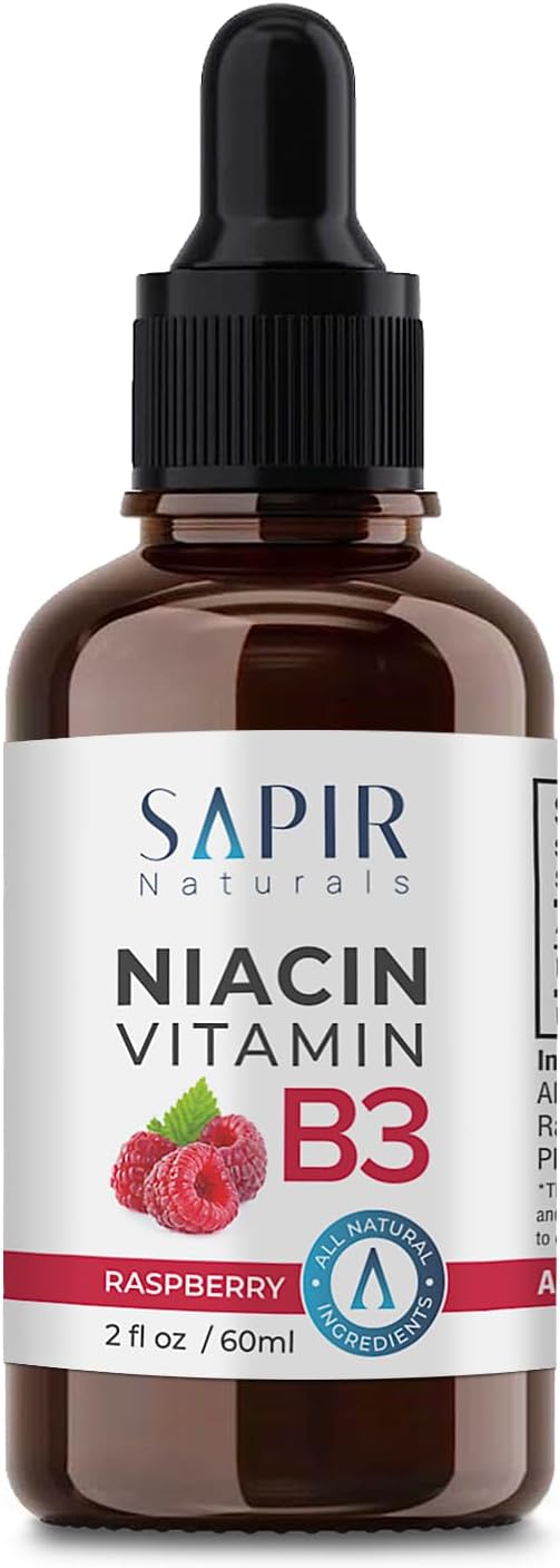 Sapir Naturals Gotas líquidas de vitamina B3 de 2 onzas, suplemento de niacina B3, sabor a frambuesa, fabricado en Estados Unidos