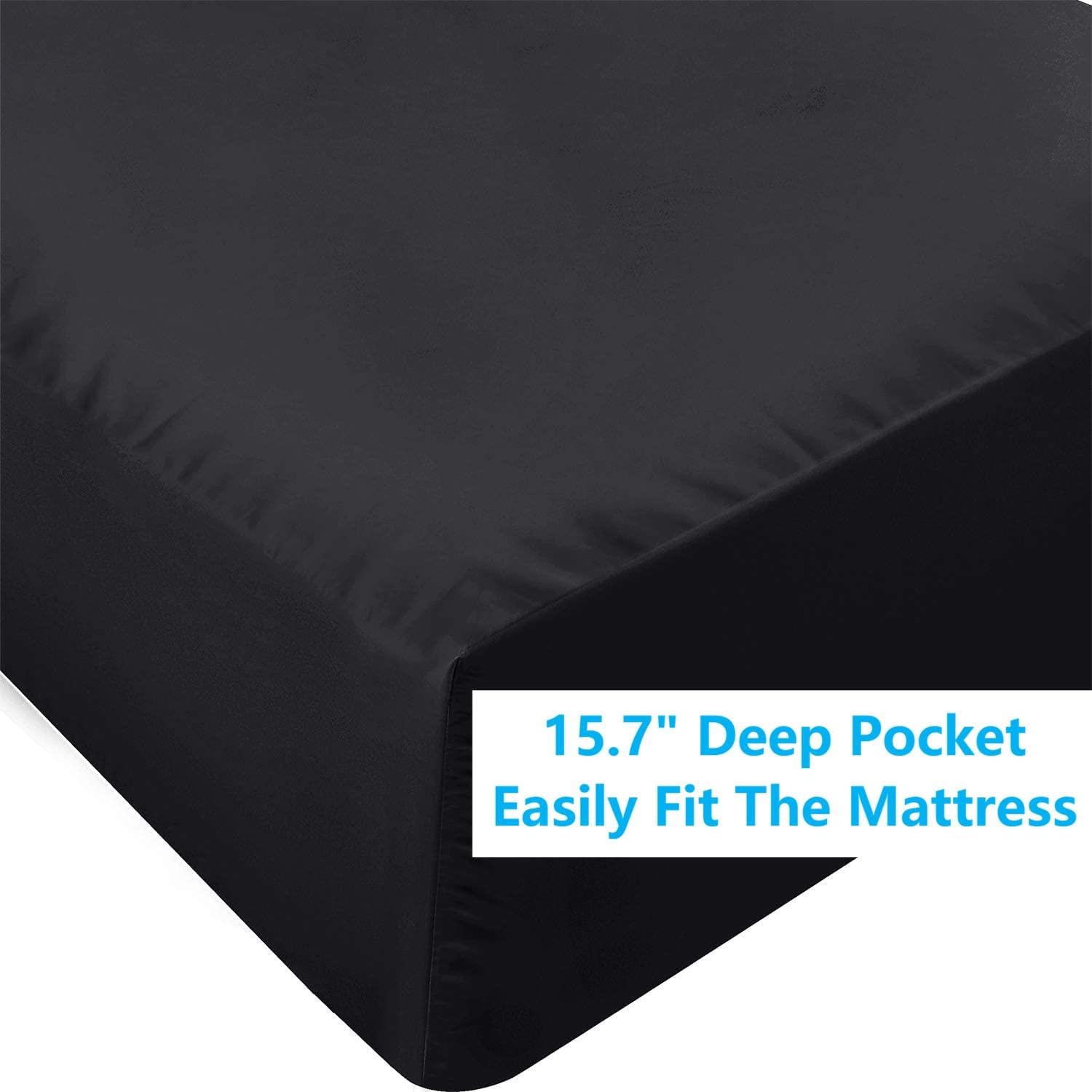 Paquete de 2 sábanas bajeras negras tamaño individual, cama en una bolsa, microfibra súper suave, resistente a las arrugas y a la decoloración,