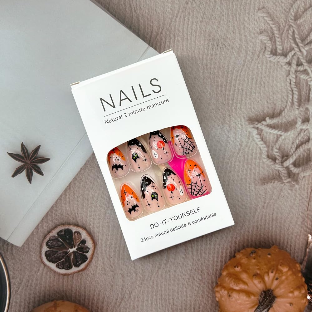 24 uñas de Halloween, puntas francesas, uñas acrílicas a presión, uñas postizas cortas en forma de almendra, lindas calabazas, murciélagos,