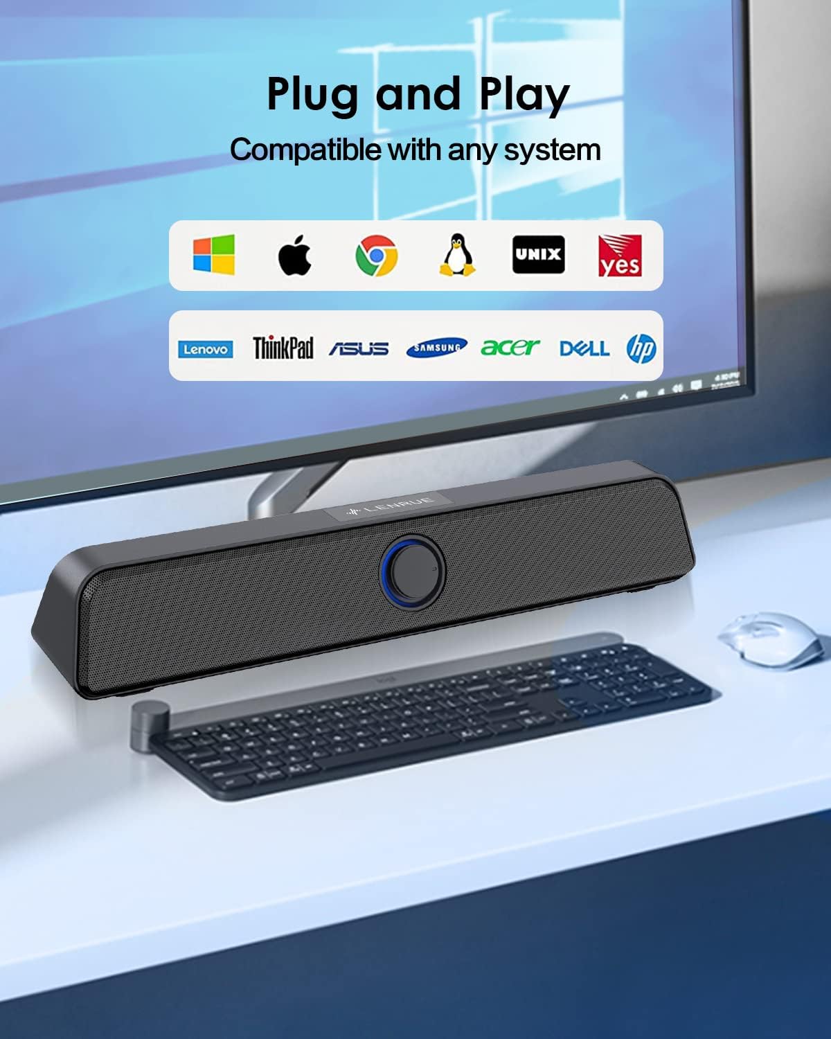 LENRUE Altavoces de computadora, altavoz dual de PC de 5 W, altavoz portátil alimentado por USB-AUSB-C, altavoces de computadora con cable de audio