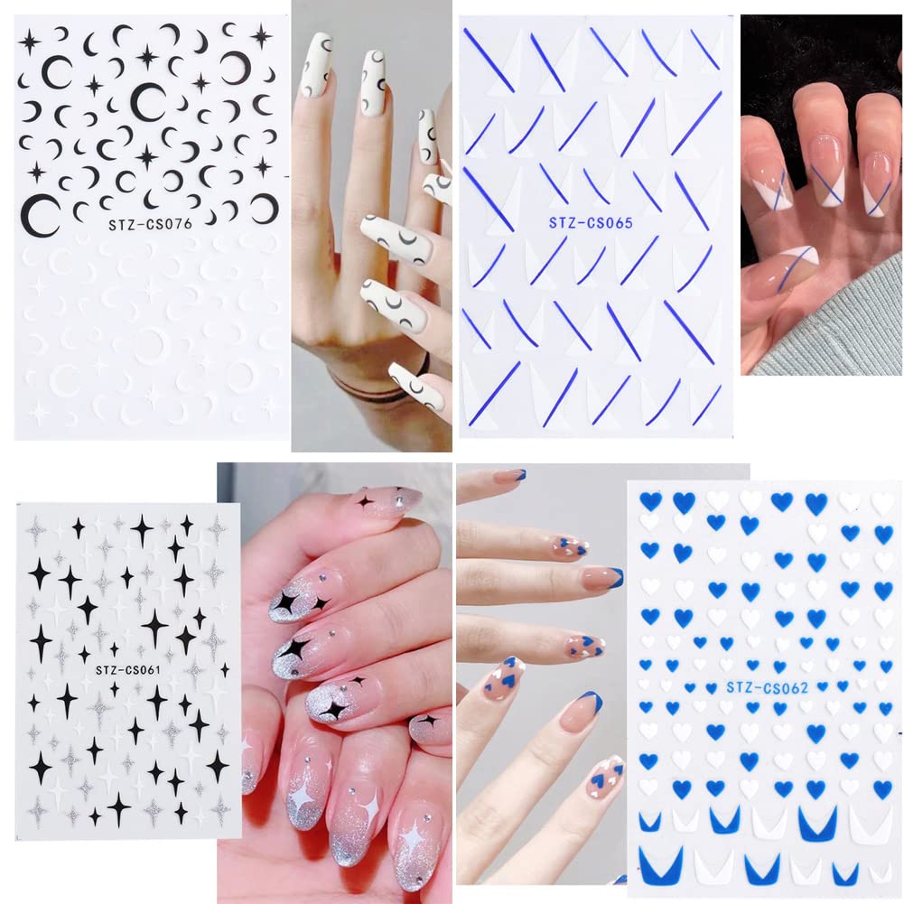 12 hojas de calcomanías de uñas 3D autoadhesivas doradas, líneas de rayas onduladas coloridas, diseños de uñas de estrella, luna, corazón, diseños