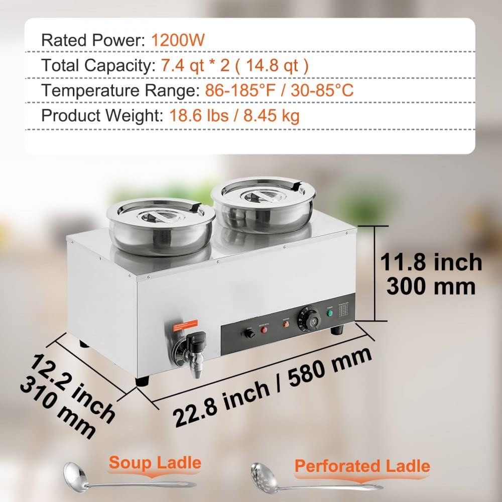 Calentador de sopa doble olla comercial Bain Marie, botón anti-quemadura y reinicio en seco, acero inoxidable 1200W, estación de buffet de