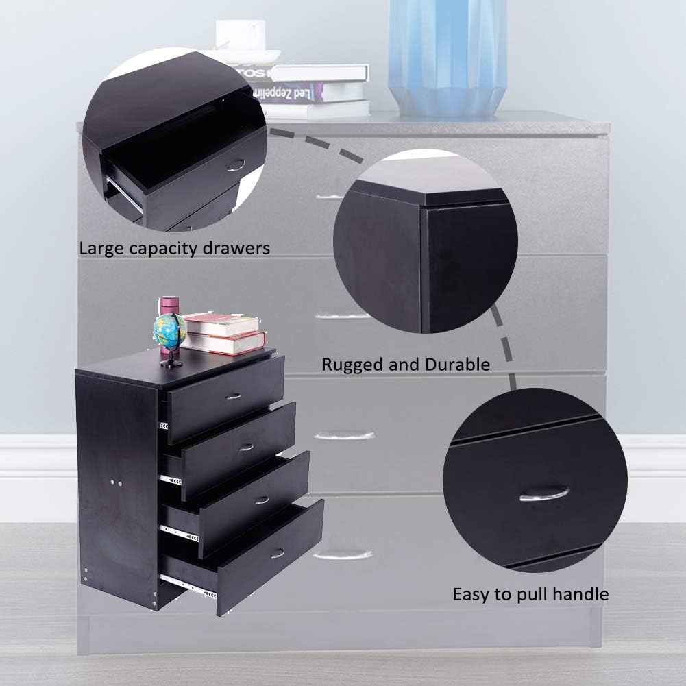 Henf Cómoda de madera con 4 cajones para armario, adecuada para dormitorio, sala de estar y pasillo (4 cajones negros)