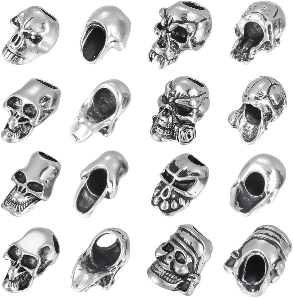 UNICRAFTALE 16cs 8 estilos de aleación de plata antigua calavera cuentas al aire libre EDC herramienta paracaídas cuerda calavera cuentas retro