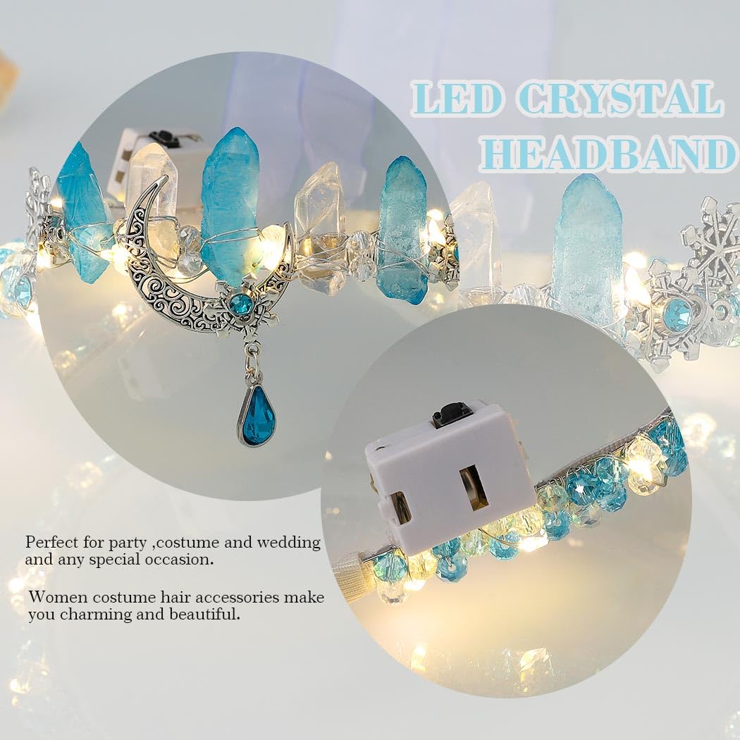 Aukmla Diadema de corona de cuarzo de cristal crudo azul iluminado, diadema de princesa con luz LED, tiara de piedras naturales, banda para el