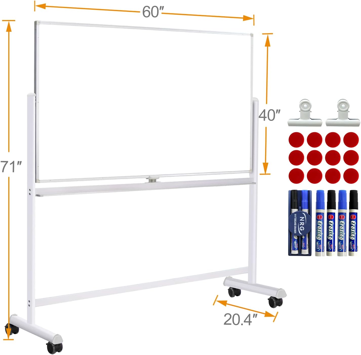 Pizarra blanca móvil con soporte  60 x 40 pulgadas, pizarra de borrado en seco de doble cara con soporte, pizarra blanca grande sobre ruedas para