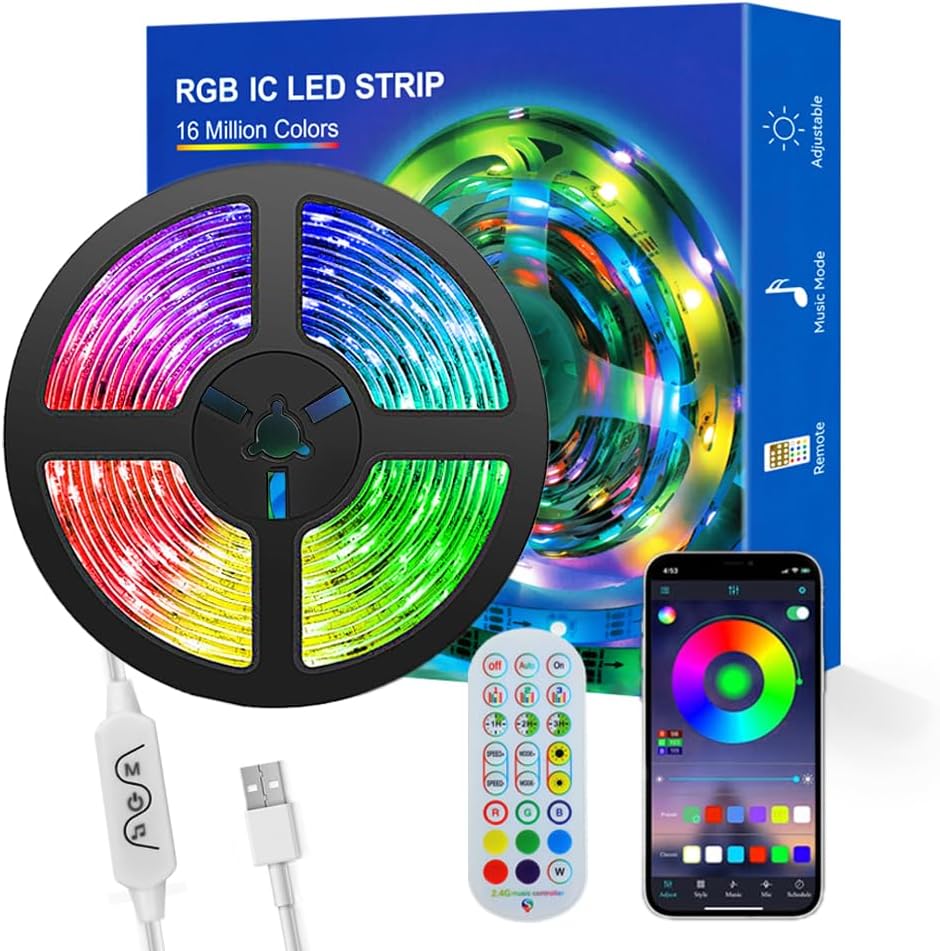 WS2812b Kit de tira LED direccionable individualmente de 16.4 pies, 30 píxelesm, aplicación Bluetooth, control remoto, sincronización de música, RGB