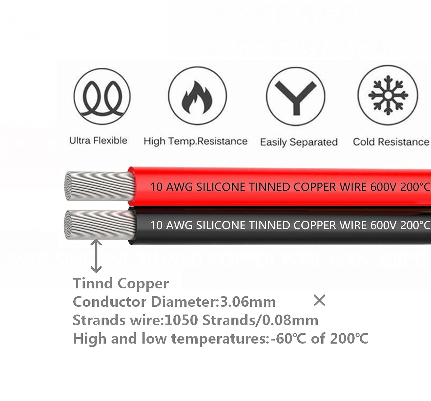 Alambre de silicona 10 AWG 2 conductores línea de cable paralelo de 20 pies 10 pies negro y 10 pies rojo alambre trenzado calibre 10 – Alambre de