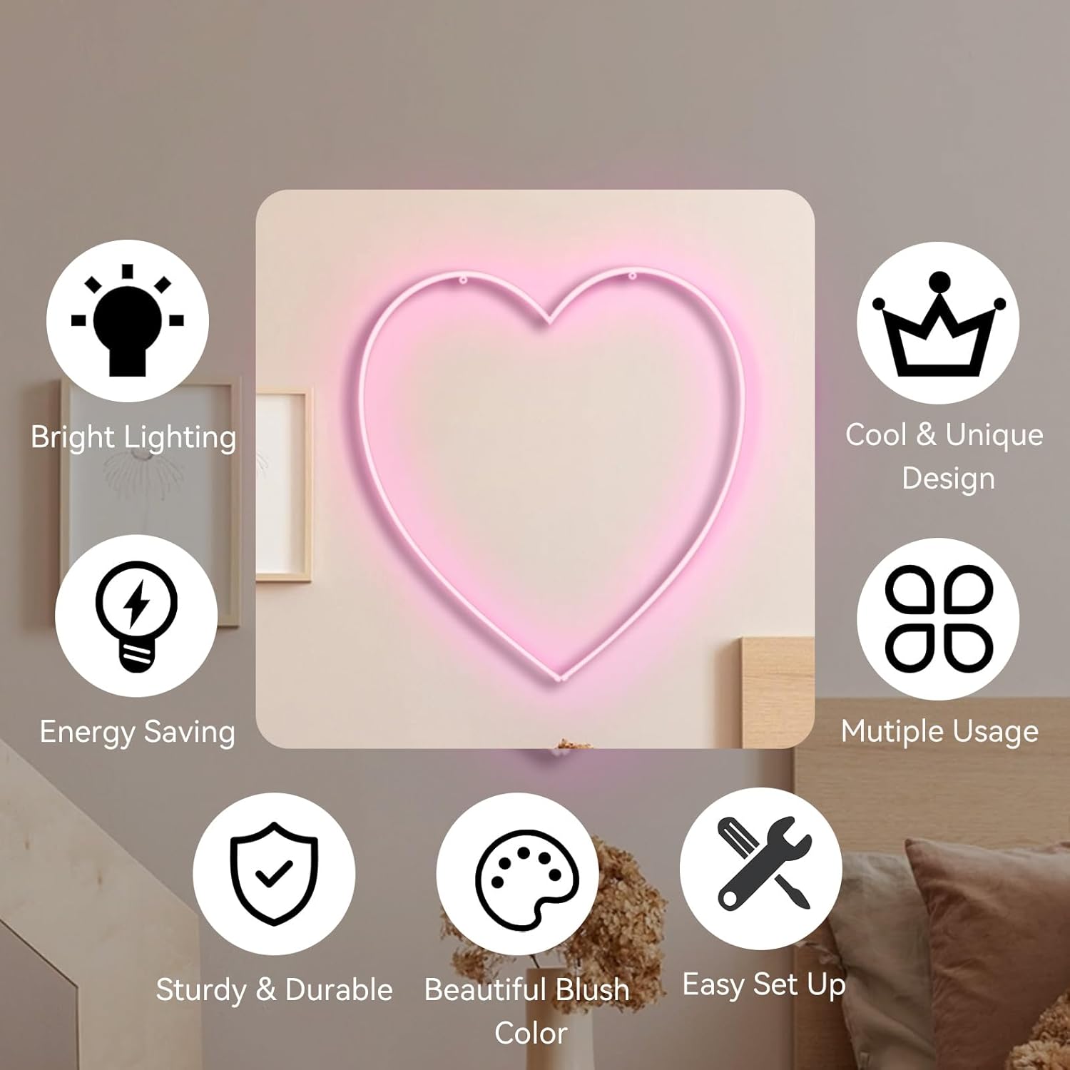 Letreros de neón de corazón para decoración de pared decoración de lámpara de luz LED rosa con alimentación USB, decoración de mesa y pared para el