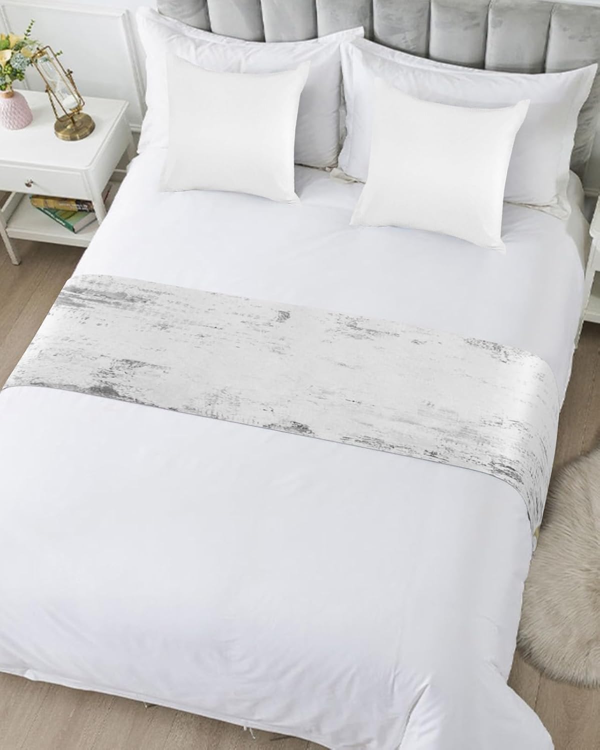 Ocean Fish Bed Runners for Cal King Size Bed, Decorative Bed Throws for Foot of Bed, Grey Modern Oil Painting Abstract Art Aesthetics Bed Runner