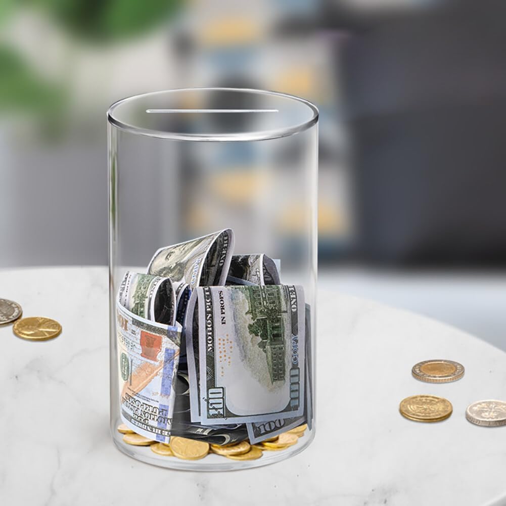 Alcancía de acrílico transparente, tarro de ahorro de dinero, alcancía para adultos y niños, tarro de cambio cilíndrico sin abrir, debe romperse