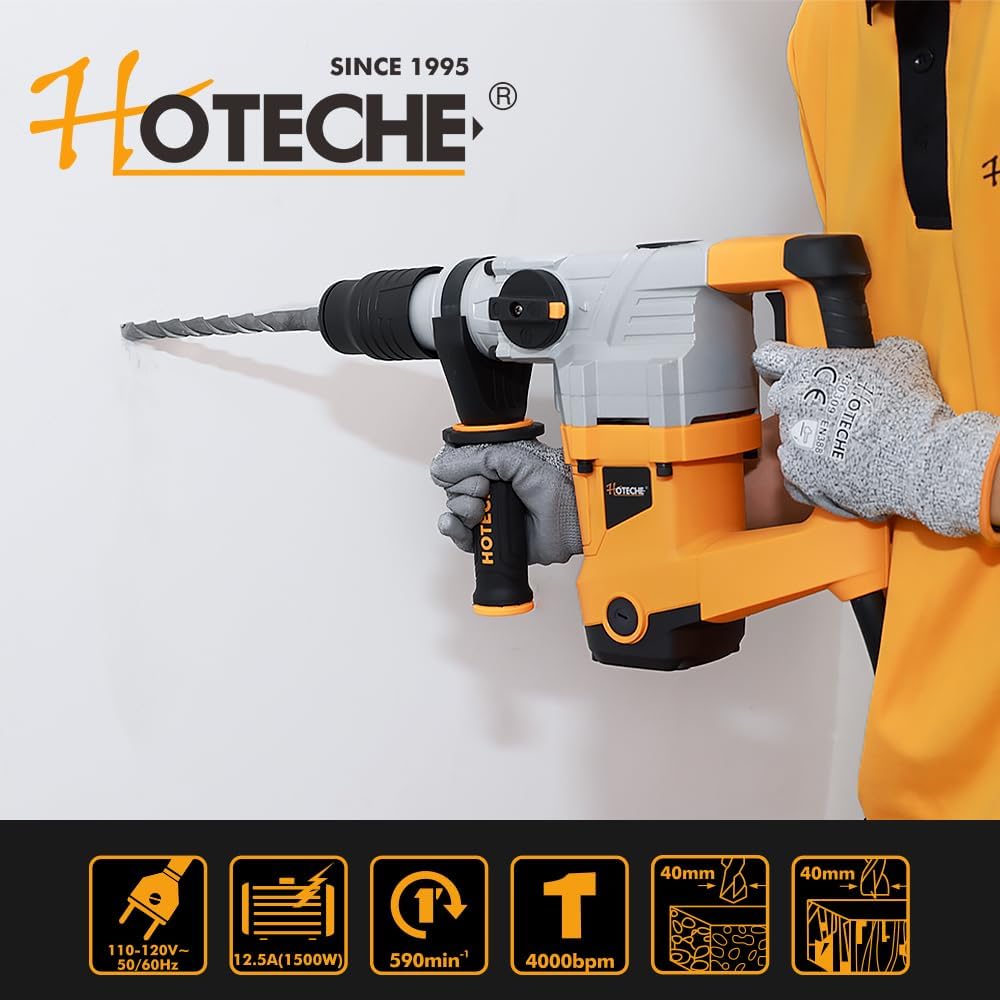 Hoteche Taladro de martillo giratorio SDS Max de 1-916 pulgadas, 12.5 A, 3 funciones, martillo de demolición resistente para perforación de hormigón