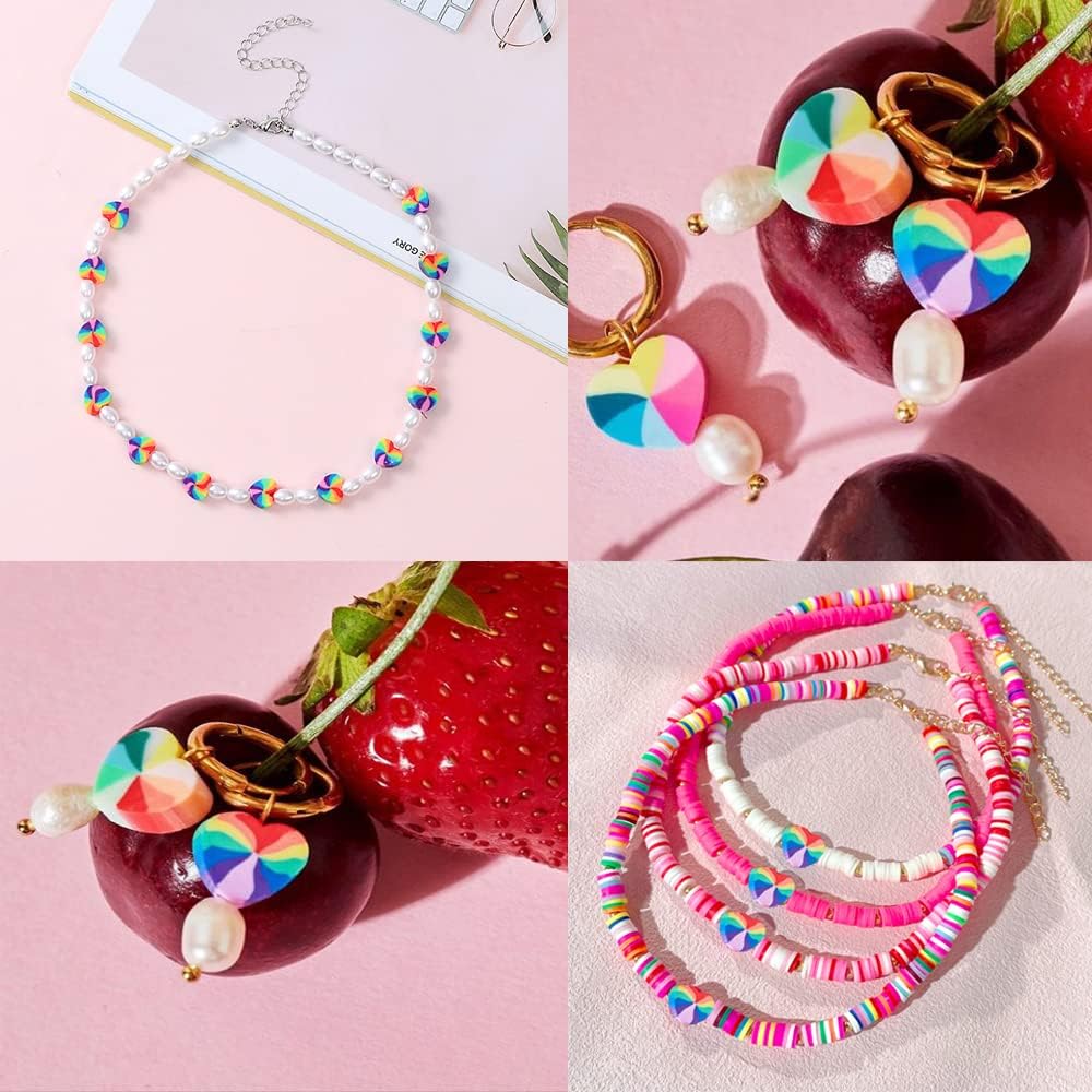 KitBeads 100 cuentas de corazón de polímero de arcilla arco iris en forma de corazón, cuentas espaciadoras de corazón de amor de arcilla para