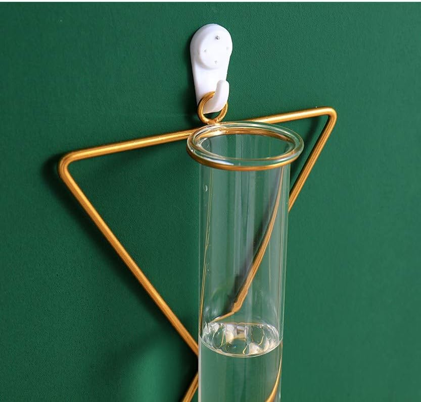 Paquete de 2 jarrones de pared de oro nórdico, jarrón hidropónico geométrico colgante de metal, jarrón de tubo de vidrio montado en la pared, jarrón