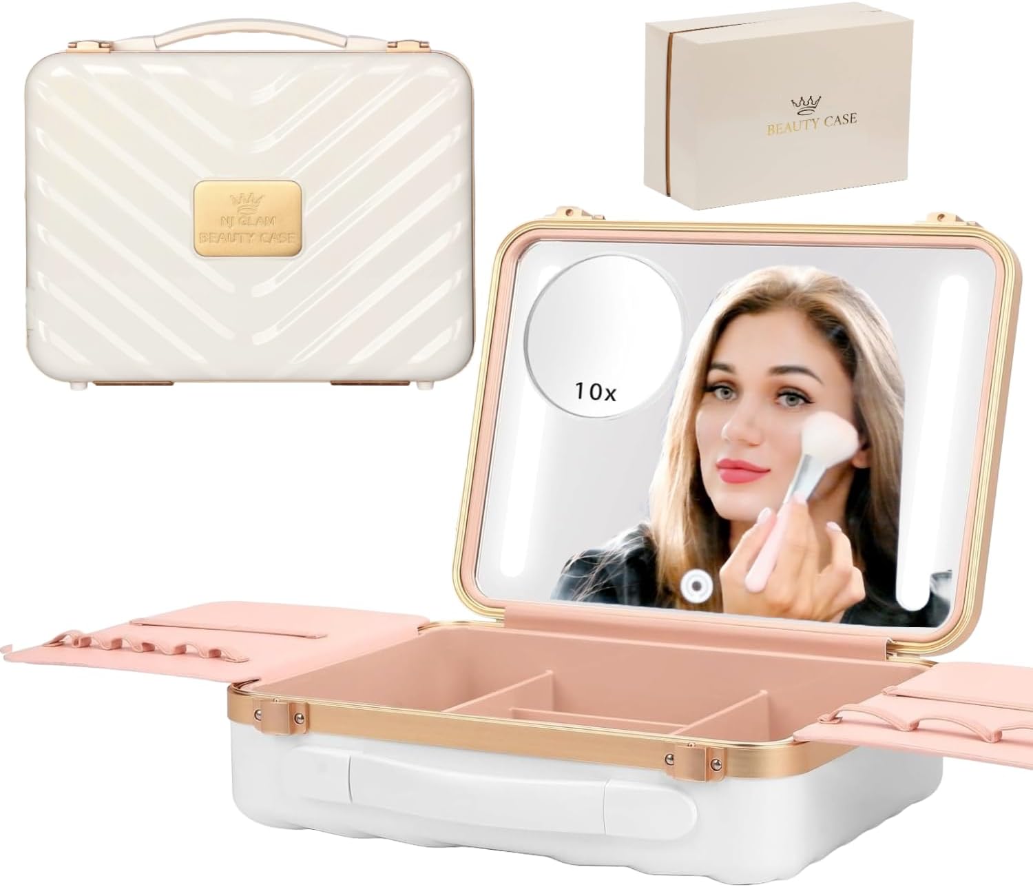 NJ GLAM Estuche de maquillaje con espejo iluminado recargable con almacenamiento inteligente, espejo de tres modos de luz, Blanco, Moderno y elegante