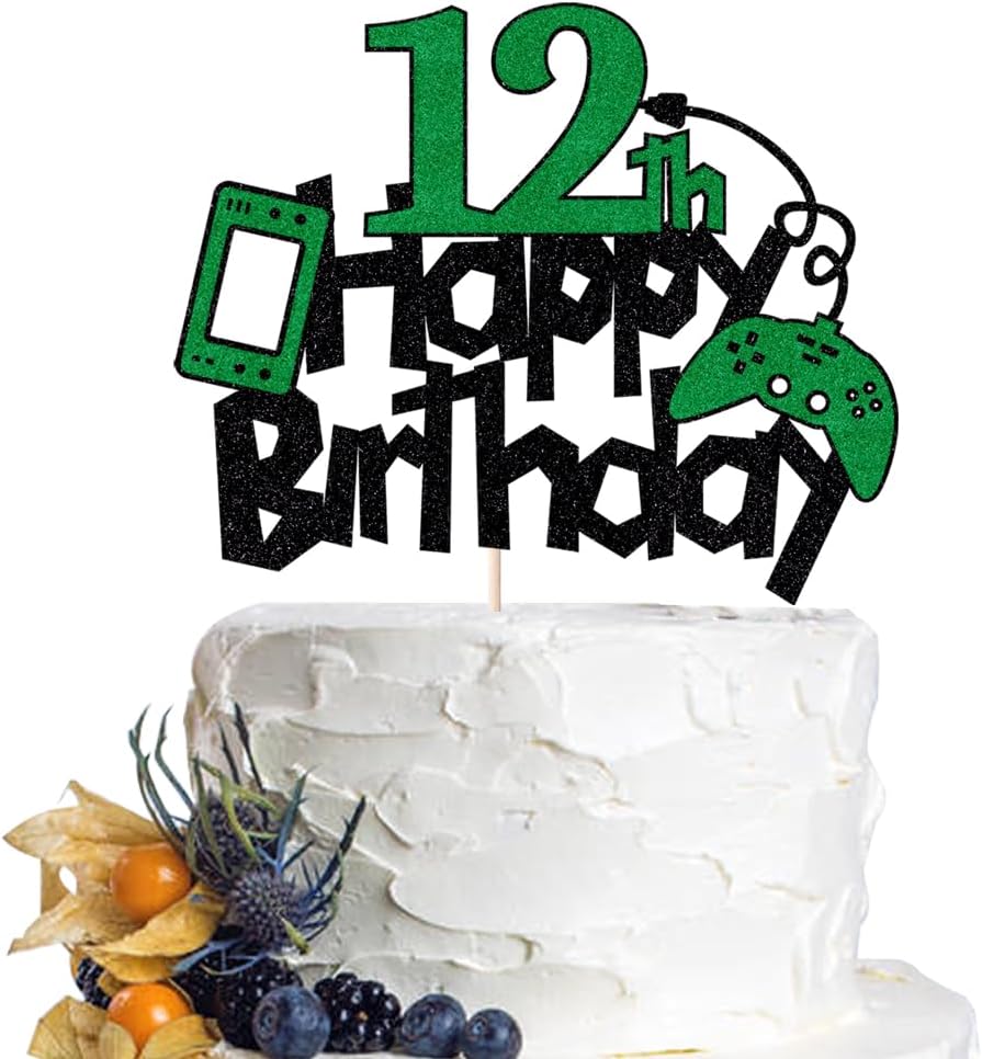 Dcokska Decoración para pastel de cumpleaños número 12, controlador de juego con purpurina, decoración de pastel de feliz cumpleaños, suministros de