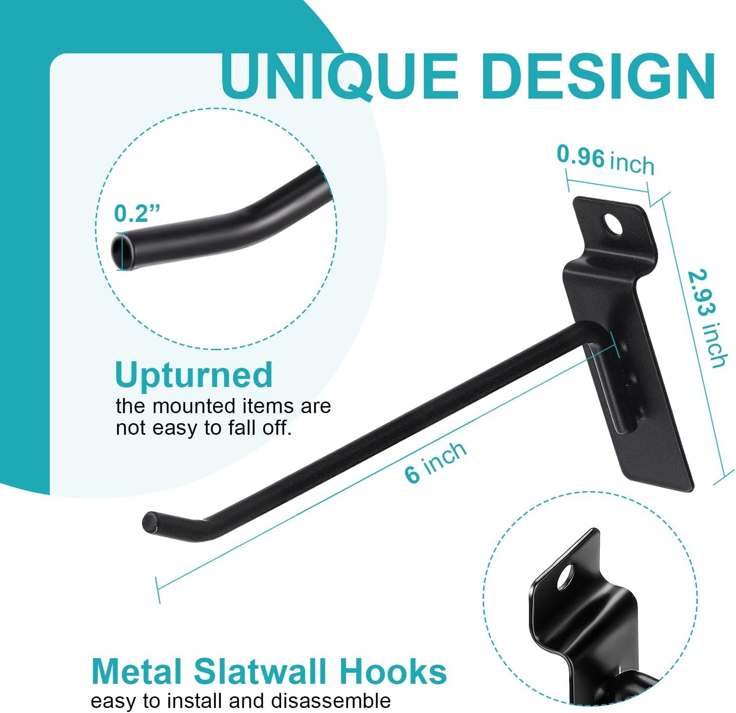 Ganchos Slatwall de 6 pulgadas, accesorios de pared de listones negros, ganchos para panel de pizarra, para garaje, tienda, venta al por menor,