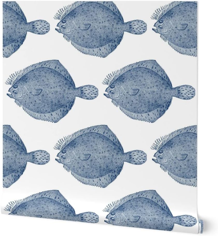 Spoonflower Papel tapiz extraíble de 12 x 2 pies – Ilustración vintage pez platija – Papel tapiz blanco y azul personalizado prepegado