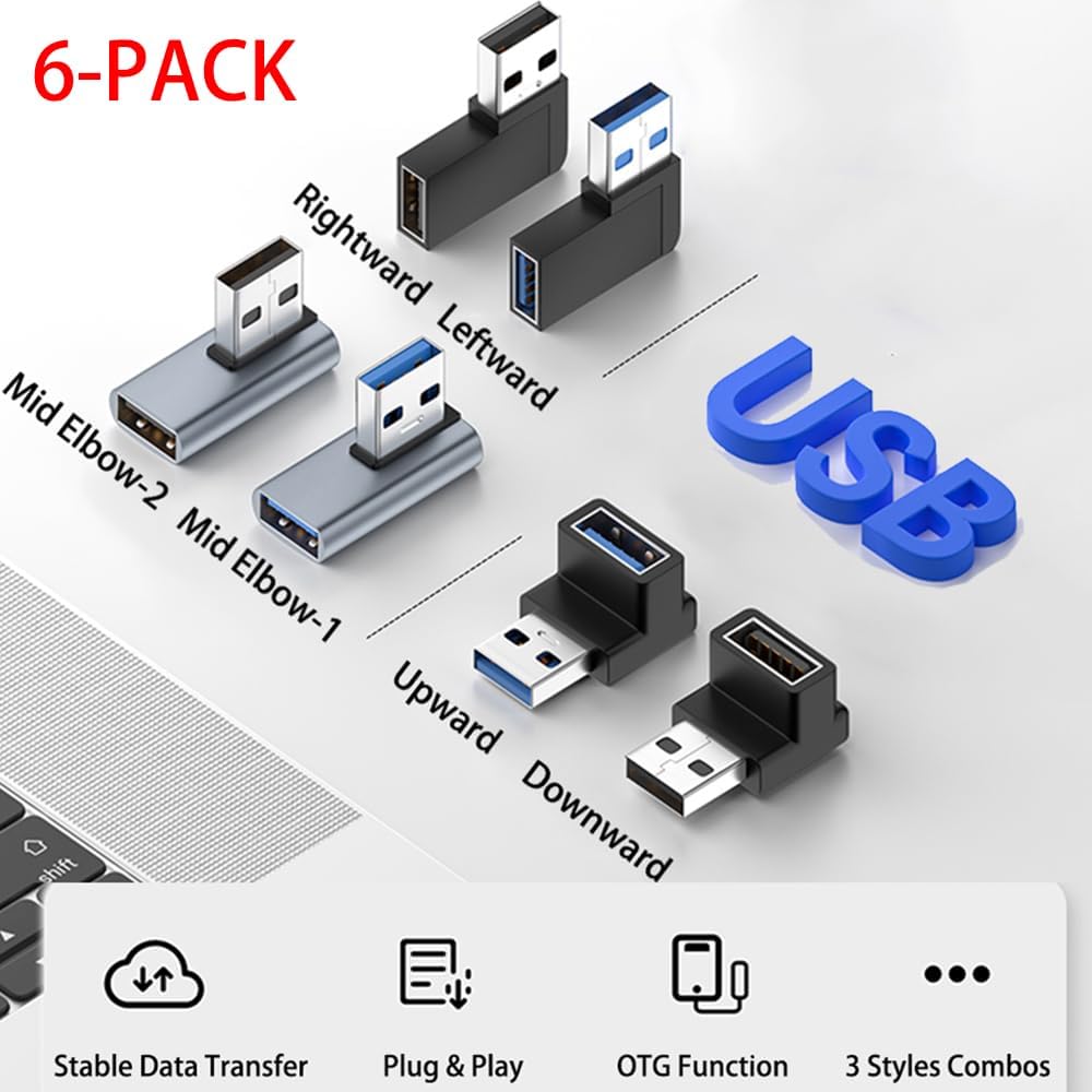 Warmstor Paquete de 6 adaptadores USB 3.0 macho a hembra de 10 Gbps hacia arriba hacia abajo a la izquierda derecha 90 grados de ángulo recto cable