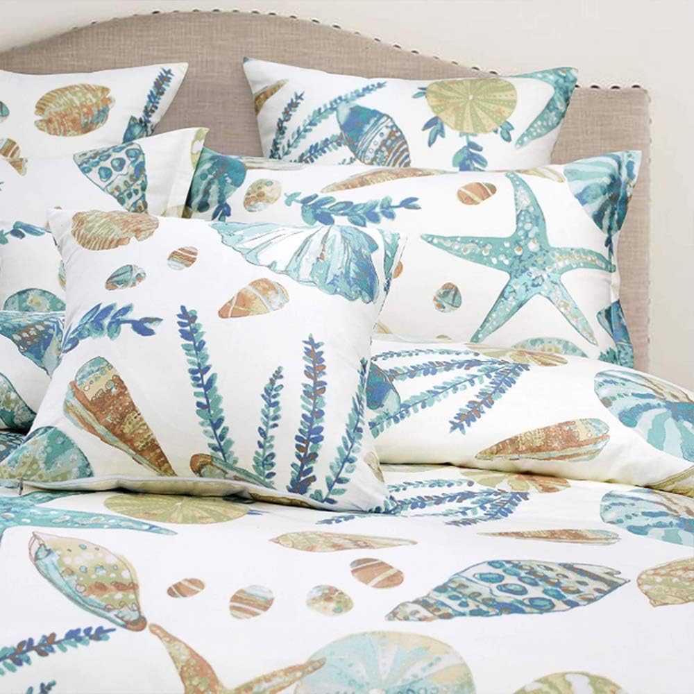 Juego de funda de edredón King, 100% algodón, suave ropa de cama costera de 3 piezas, diseño náutico de estrellas de mar y vida marina con cierre de