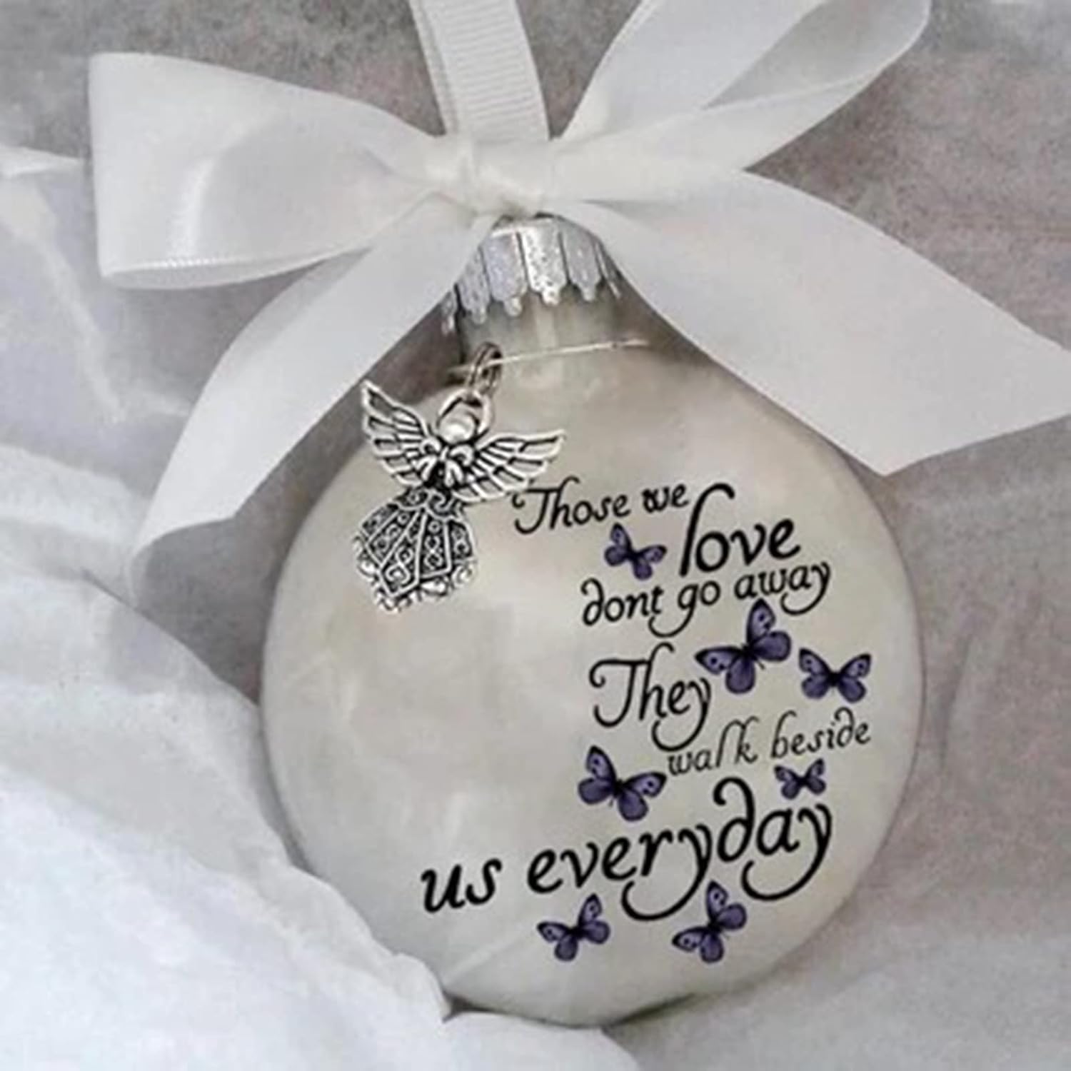 Adornos conmemorativos de Navidad, bola de plumas “Tengo un ángel en el cielo” con colgante de ángel pequeño, adorno de bola de Navidad, para mamá,