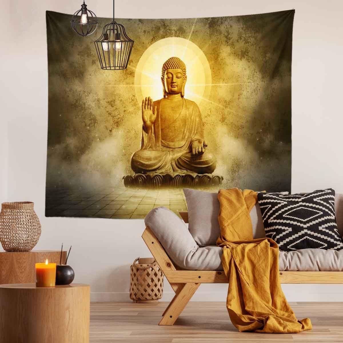 BULOR Tapiz de Buda sentado con luces doradas, tapiz de loto meditando zen, tapiz para colgar en la pared para niños, bebé, cumpleaños, dormitorio,